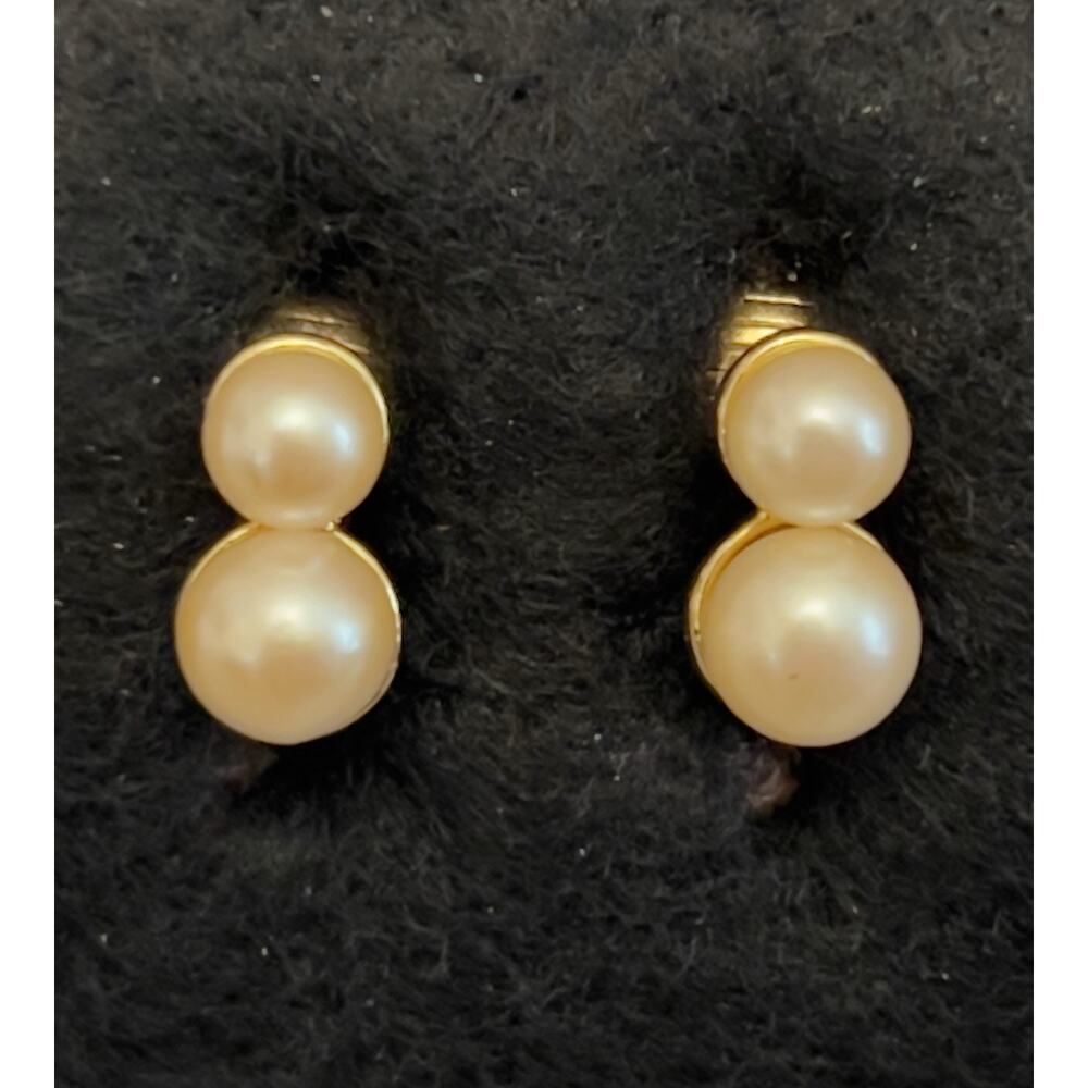 Vintage Double Faux Pearl Clip On Earrings Womens Gold Tone Minimalist Classic